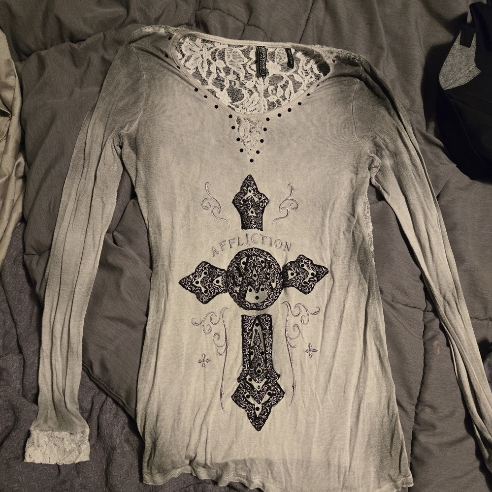Affliction Grey Long Sleeve Top Women's Size Medium